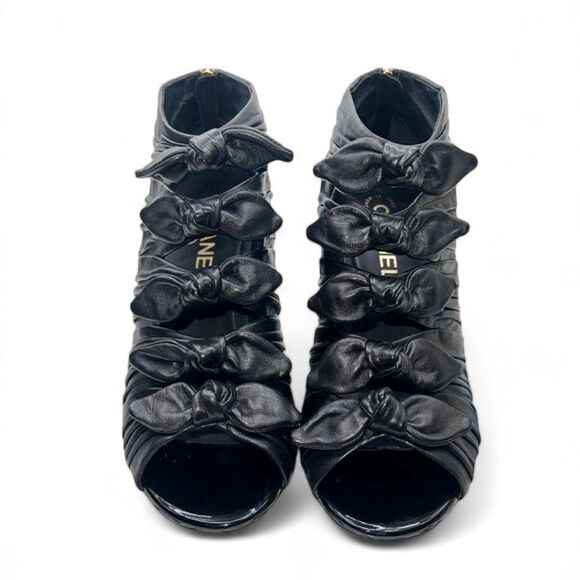 CHANEL Black Pleated Knotted Bow Detail Open Toe Ankle Booties Size EU38 - Picture 4 of 16